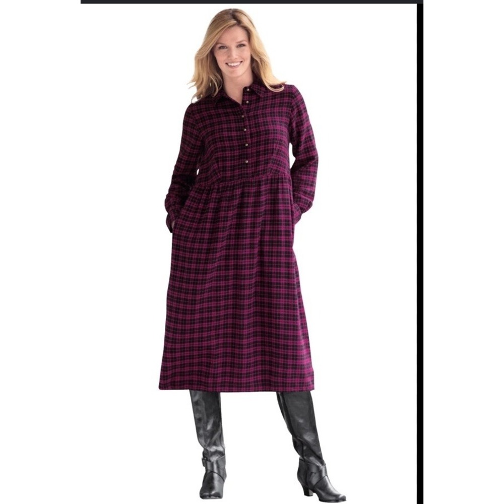 Woman Within Flannel Shirt Dress 3X Red Black Plaid Pockets Western Cowgirl